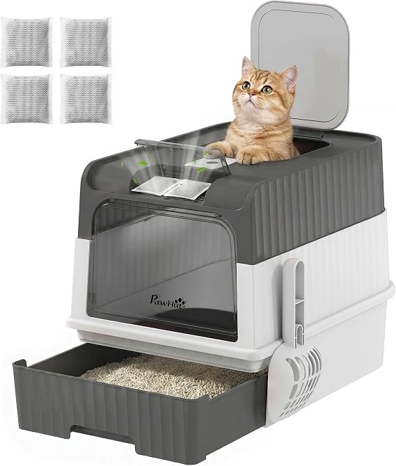 PawHut Cat Litter Box with Lid, Pull-Out Drawer Tray, Scoop, Gray