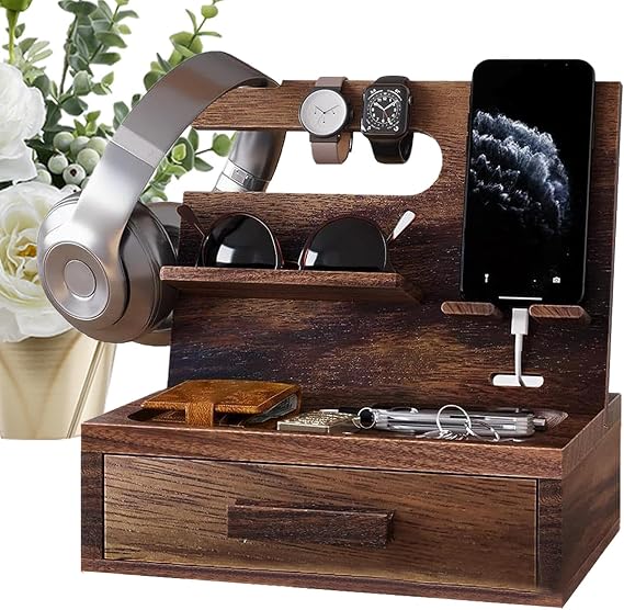 Nightstand Organizer Key Holder Decoration | Wood Phone Docking Station With Drawer Catchall Tray Bedside Organizer for Husband Dad Bedroom Nightstand Men Valentines