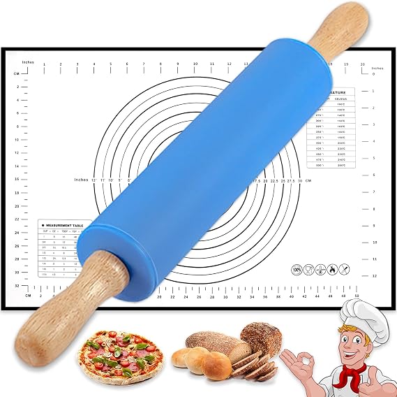 Rolling Pin with Baking Mat, 17 inch Silicone Rolling Pins for Baking, Blue