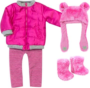 Sophia's 18" Doll 4 pc. Winter Outfit with Hot Pink Nylon Zipped Jacket, Bear Faux Fur Hat and Boots, and Hot Pink and Gray Striped Leggings