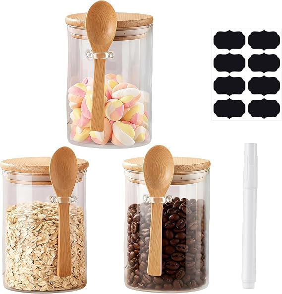 3-Pack Glass Jars with Wooden Lids & Spoon, Airtight Food Storage Containers for Overnight Oats, Yogurt, Salad, Cereal, Nuts, Chia Pudding (17oz/500ml)
