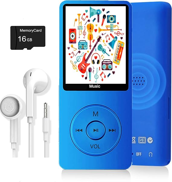 MP3 Player, Music Player with 16GB Micro SD Card, Build-in Speaker/Photo/Video Play/FM Radio/Voice Recorder/E-Book Reader, Supports up to 128GB (Dark Blue)