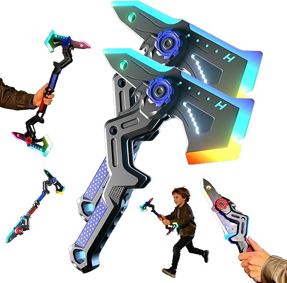 2026 New Dual Axe Blade Interstellar Spark Battle Blade, Dual Mode LED Light Blades 7 Color Change with Mist Spray, One Button Switch Combine Design USB Rechargeable Cosplay Toy (Blue*2)