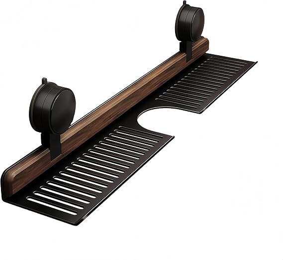 Walnut Faucet Organizer Rack for Bathroom, Bathroom, Kitchen Suction Cup Shelf, Removable Vanity Tray Wall Mounted for Vanity, Kitchen (Black, 19.7 * 4.7 * 1.6)