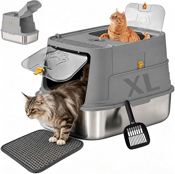Stainless Steel Cat Litter Box with Lid, XL Enclosed Metal Litter Box for Indoor Cats, Odor Control Covered Cat Litter Box with High Sides, Litter Mat and Scoop Included, Grey