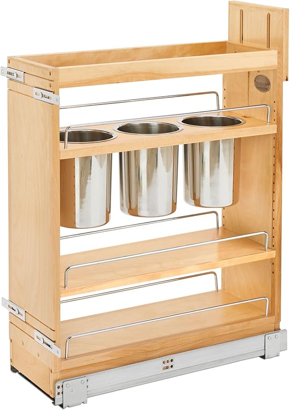 Rev-A-Shelf Maple Pullout Utensil Organizer with 3 Bins & BLUM Soft-Close for Full-Height Base Cabinets, Full Extension Slides, Adjustable Shelves, Min Opening Width of 8.5", 448UT-BCSC-8C