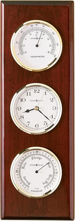 Howard Miller Shore Station II Wall Clock Clock, Barometer & Thermometer | Wood Finish, Quartz Movement, Brass-Tone Bezels, White Dials