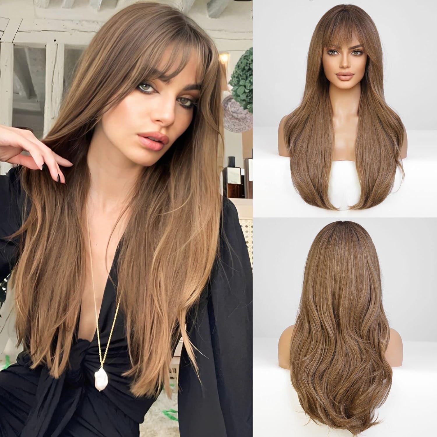 HAIRCUBE Long Brown Wigs for Women,Synthetic Wavy Hair Wig for Daily