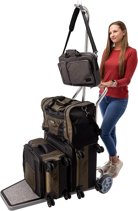 Compact Single Luggage Cart 300lb Capacity Space-Saving Bellman Cart w/ 3-Wheel Stainless Steel, for Convention Centers, Hotels, Rental Properties (Value Valet Series)