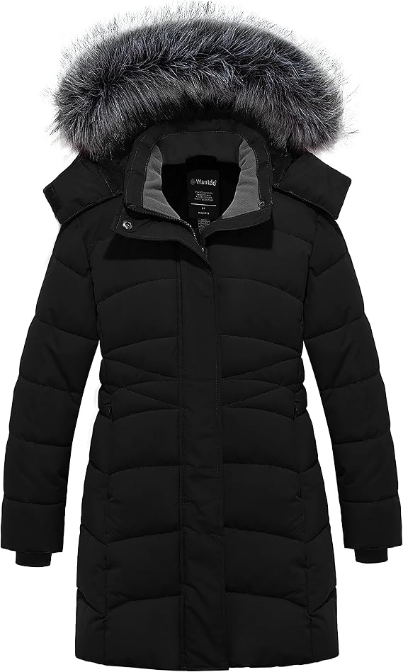 wantdo Girls Winter Coats Long Puffer Jackets Fleece Lined Removable Hood | Detachable Faux Fur, 5000mm Waterproof, Zippered Pockets, Machine Washable