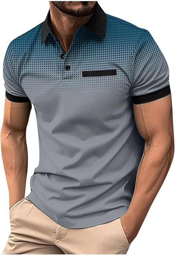 Polo Shirts for Men Big and Tall Short Sleeve Button Down Henley Shirt Loose Gradient Color Summer Beach Pullover