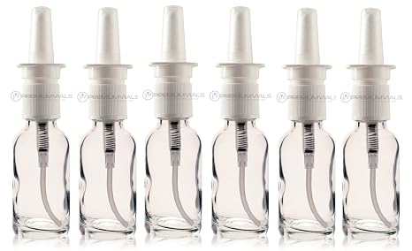 PREMIUM VIALS CREATIVE PACKAGING SOLUTIONS 1 OZ CLEAR BOSTON ROUND GLASS BOTTLE - W/NASAL SPRAYERS - Pack of 6