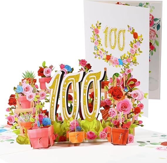 100th Birthday Card Pop Up 100th Birthday Cards Happy 100th Birthday Card 3D Flower Birthday Greeting Cards for Men Women Husband Wife Mom Dad Grandma Grandpa Friends.
