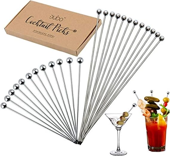 Cocktail Picks Martini Stirrers Toothpicks (24 Pack / 4 & 8 Inch) Reusable Cocktail Picks - Stainless Steel Metal Drink Skewers Sticks for Martini Olives Appetizers Bloody Mary Brandied