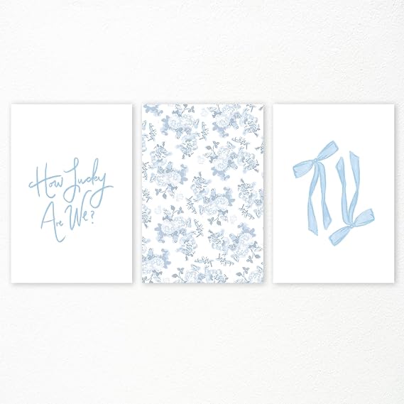 Nanxiwofee How Lucky Are We Art Canvas, Set of 3 Light Blue Aesthetic Posters, Blue Floral Print, Coquette Bows Room Wall Decor, Coastal Art Poster, College Dorm Apartment Picture 12x16in Unframed