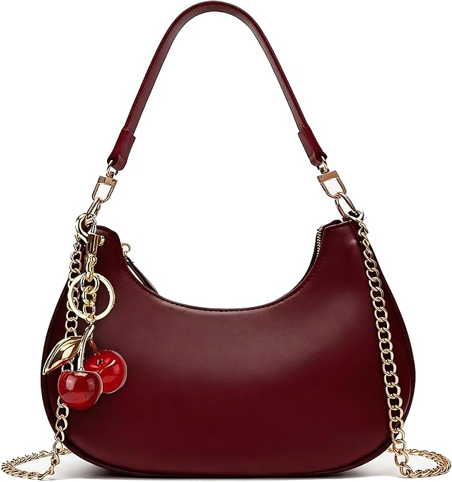Black Shoulder Bag for Women Cute Hobo Cherry Purse Retro Clutch Underarm Handbag with Removable Straps