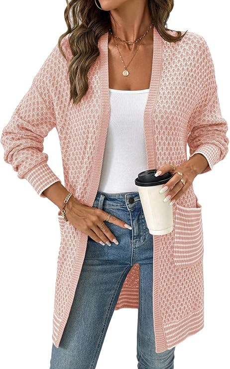 Sidefeel Womens 2025 Fall Outfits Long Sleeve Open Front Cardigan Sweaters Trendy Chunky Hexagon Knit Sweaters Coat