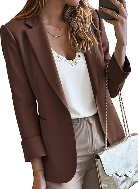 KIRUNDO Blazers for Women Business Casual Long Sleeve Open Front Lapel Suit Jackets Office Work Blazer Pockets Fall Clothes(Brown, Medium)