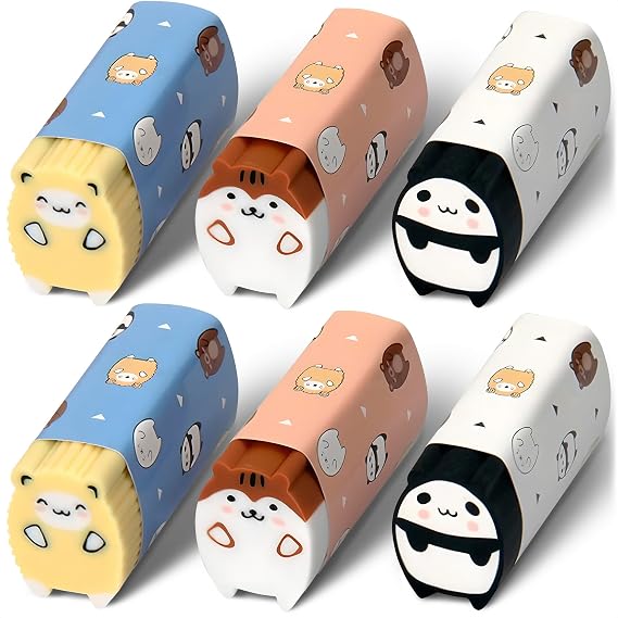 Kawaii Erasers Bulk of 6, Japanese Style with 3 Different Designs