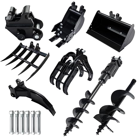 MMS Mini Excavator Attachments with 7.87'' Narrow Bucket, Quick Coupler, Ripper, Rake, Grapple, 8'' Auger, 12'' Auger Drill Rod, 23.62'' Flat Buckets 8-in-1 Excavator Accessories Kit, US Stock