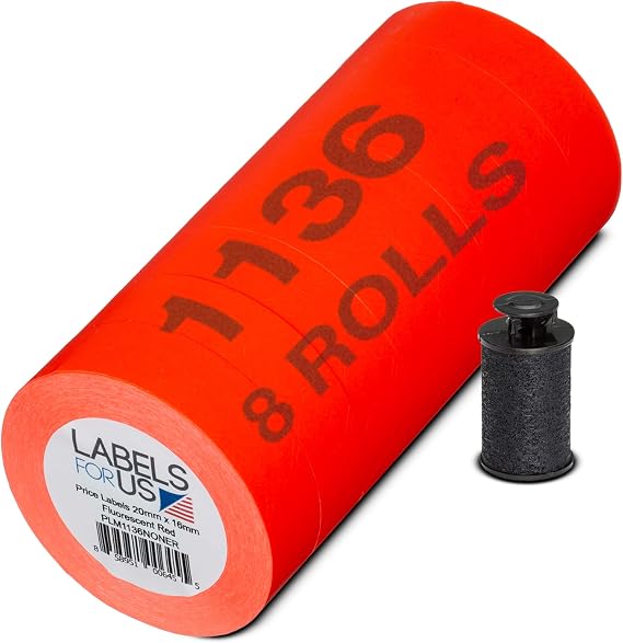 Labels for The Monarch 1136 Price Gun - Fluorescent Red - 14,000 Labels - Pack with 8 Rolls - Ink Roller Included - Manufactured by