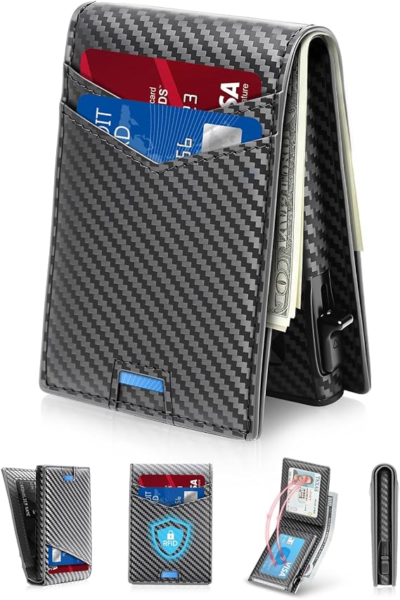 Wallet for Men RFID Wallet with 2 ID Window & Cash Slot, Bifold Slim Minimalist Wallet with Pop Up Card Holder for 12-13 Cards, Front Pocket, Gifts for Men (Carbon Fiber)