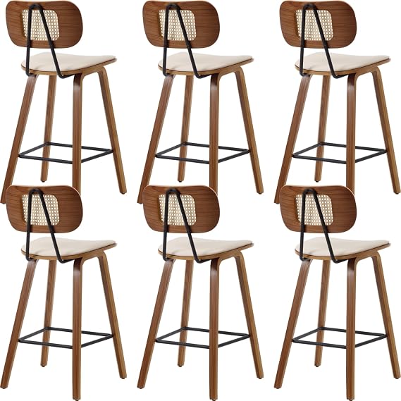 Ya-Home Mid-Century Bar Stools Set of 6, 26 Inch PU Leather Barstools with Open Rattan Backrest Wooden Legs Armless Bar Chairs for Kitchen Island Dining Room, Beige