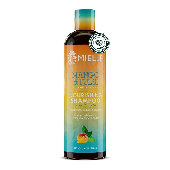 Mielle Organics Mango & Tulsi Nourishing Hair Shampoo - Moisturizing Shampoo for Curly Hair - Gently Cleanses & Remove Scalp Impurities - Nourishes, Strengthens & Balances Moisture (6 Fl Oz)