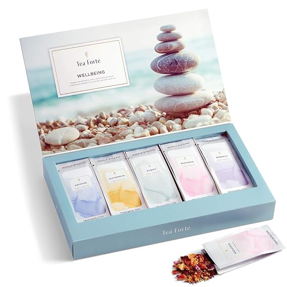 Tea Forte Single Steeps Loose Leaf Tea Sampler, Assorted Variety Tea Box, 15 Single Serve Pouches, Wellbeing Tea