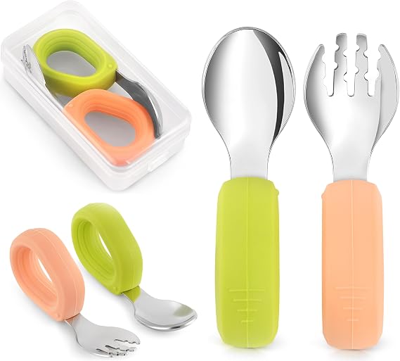 Guqqo Bebek Çatal Kaşık Seti, 304, BLW, Ergonomik Kavrama, Saklama Kutulu, Pudra Yeşil