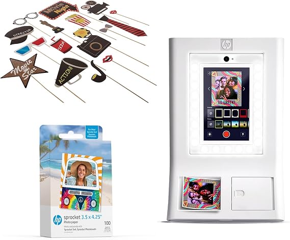 HP Sprocket Photo Booth Machine Instant Color Photo Printer (White) + Zink Paper (100 Sheets) + Hollywood Props Bundle