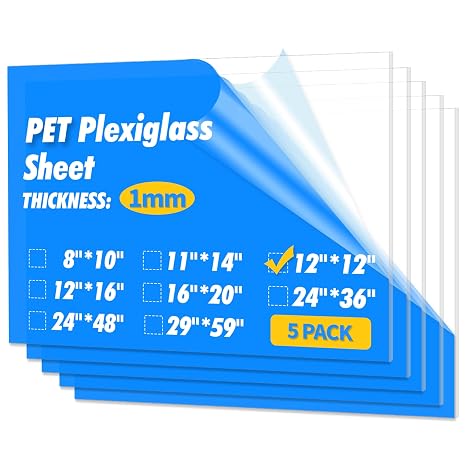 Art3d Plexiglass Sheets, Clear & Flexible, 5-Pack of 12 x 12"