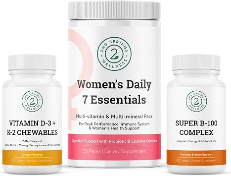 Womens Daily 7 Essentials, Vitamin D3K2 Chewables & Super B-100 Complex Bundle