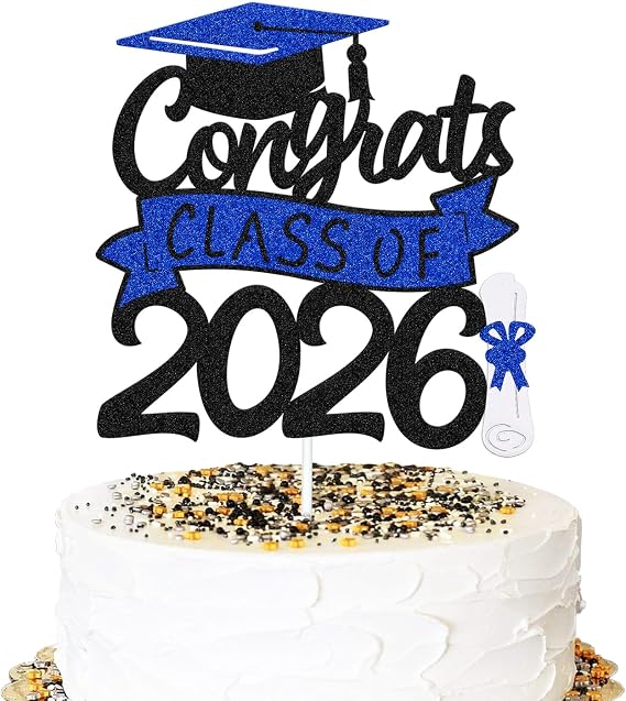 Congrats Class of 2026 Cake Topper Congrats Grad Cap Diploma Theme for High School Happy Graduation Party Supplies College Graduate Decoration (Black and Blue)