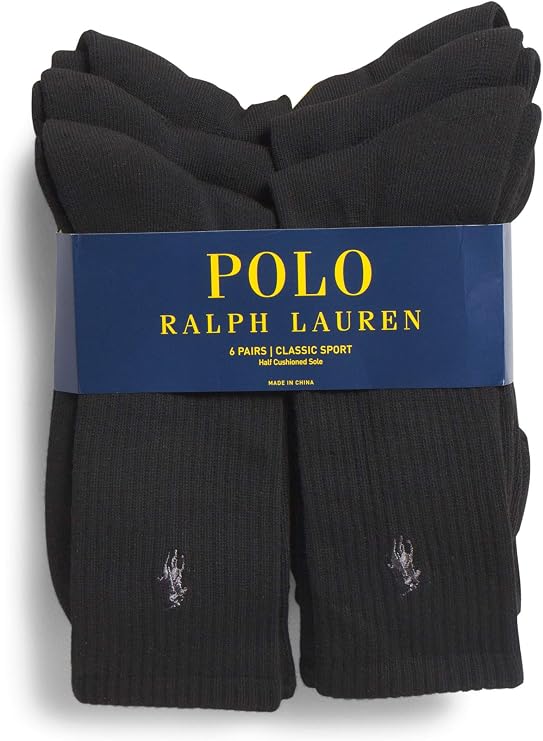 Polo Ralph Lauren Men's Classic Ribbed Crew Socks - 6 Pack (Black)