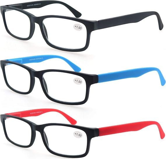 MODFANS Reading Glasses Men Women 3 Pack,Rectangular Clear Lens Comfort Spring Hinge Eyeglasses,Stylish Lightweight Plastic Readers with Pouch Black-Blue-Red