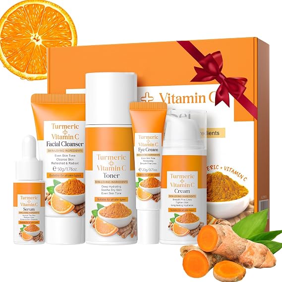 Vitamin C Turmeric Skincare Gift Set for Women, Complete Kit with Cleanse, Tone, Serum, Eye Cream, Face Cream, Hydrating Travel Skin Care Routine for Women