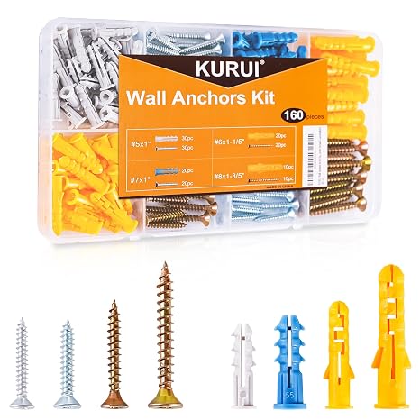 KURUI Drywall Anchors and Screws Assortment Kit, 160Pcs Dry Wall Anchors