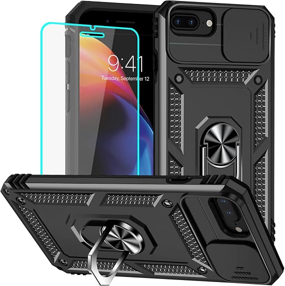 HNHYGETE iPhone 8 Plusケース、iPhone 7 Plus用スクリーンプロテクター付きケース:ミリタリーグレード20フィート落下テスト済みリング耐衝撃保護フォンケース - iPhone 8/7 Plus用 ブラック
