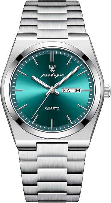 Poedagar Men's Luxury Business Watch Waterproof Glow-in-The Dark Date Week Stainless Steel Men's Watch Casual Quartz Men's Watch Men (Silver Green)