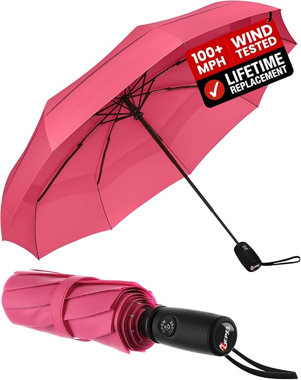 Repel Windproof Travel Umbrella - Compact & Withstands Winds up to 100MPH, Strongest Premium Auto Folding Umbrella for Rain and Sun - Durable, Light & Portable for Women & Men, Fits Backpack & Cars