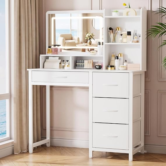 Kitsure Vanity Desk with Mirror and Lights, 17.7" D x 35.4" W x 52.4" H