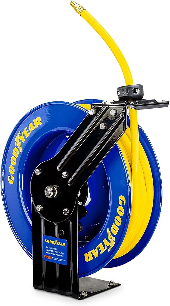 Goodyear Air Hose Reel Retractable 3/8" Inch x 50' Foot SBR Rubber Hose Max 300PSI Heavy Duty Industrial Steel Single Arm Construction
