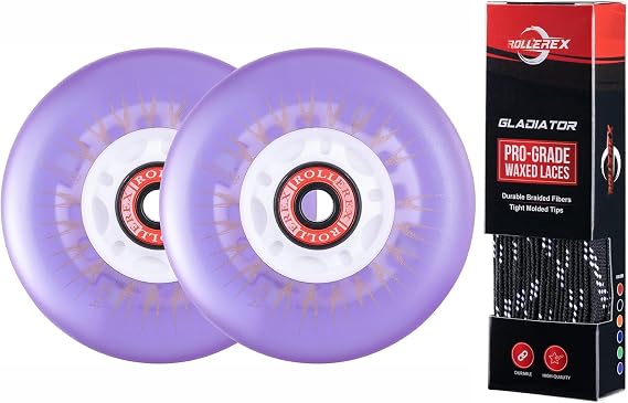 Rollerex 2-Pack, Glowrider 92A LED Light Up Wheels w/Bearings (UV Purple, 80mm) Gladiator Waxed Skate Laces (Jet Black, 72")