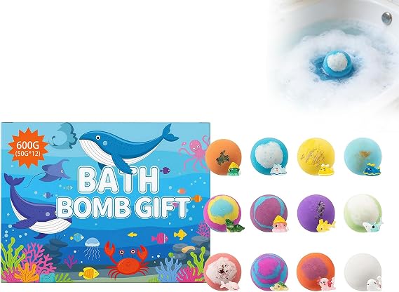 12-Pack Ocean Surprise Bath Bombs for Kids with Toys Inside 12 Unique Sea Creatures & 12 Assorted Scents, Natural Skin-Friendly Bubble Fizzy Spa Kit,Easter Basket Stuffer Fillers Birthday Gift (1pc)