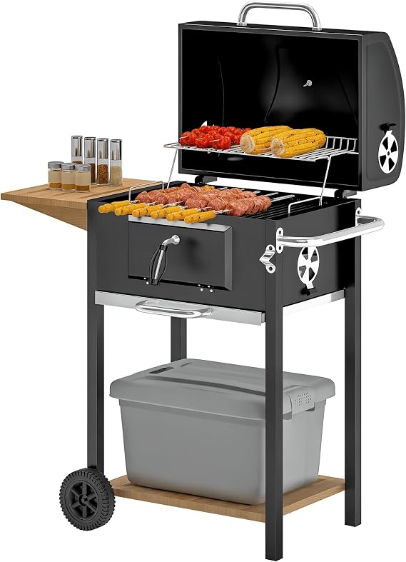 Outsunny Charcoal BBQ Grill Outdoor Portable Cooker with Side Table Black