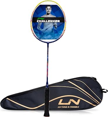 Li-Ning Challenger Boost Carbon Graphite Strung Badminton Racquet, 84 Grams, 30 Lbs String Tension and Free Full Cover NavyLime