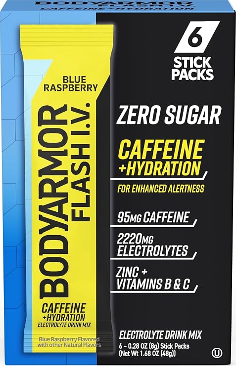 BODYARMOR Caffeinated Flash I.V. Electrolyte Packets Blue Raspberry - Zero Sugar Energy Drink Mix, Single Serve Packs, Hydration for Pre Workout, Travel Essentials, Active Lifestyle (6 Count)