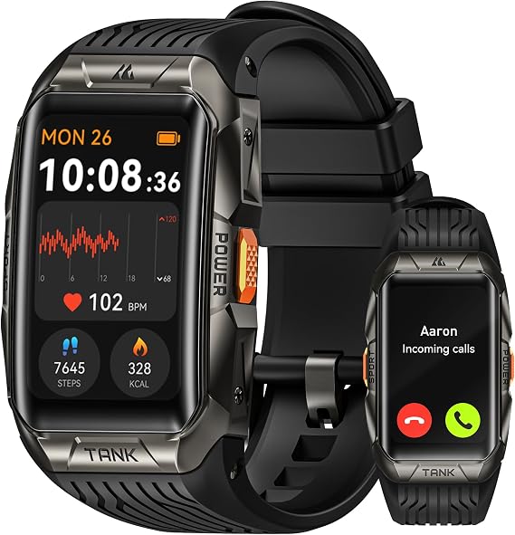 KOSPET Tank X2 Smart Watch Fitness Tracker, 24/7 Heart Rate, Blood Oxygen Monitor, Sleep Tracker, Blutooth Call, Stainless Steel Unibody, 1.64 AMOLED Always-on Display (Black)