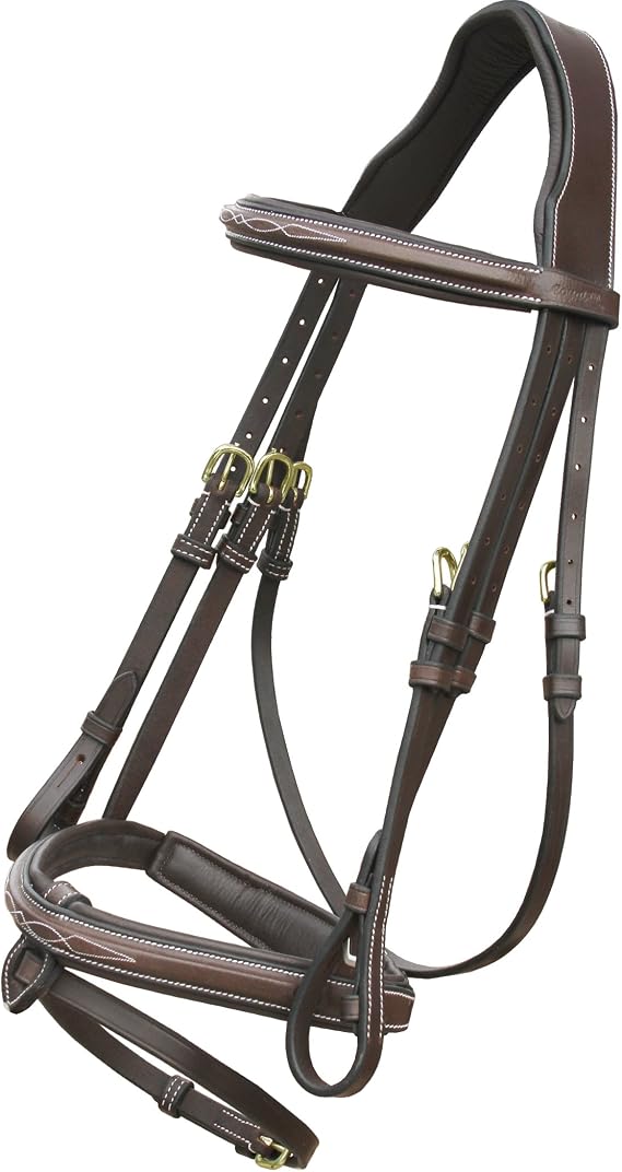 Exion Anatomical Snaffle Jumping Bridle for Horses with Removable Flash Noseband & Rubber Reins Premium Vegetable-Tanned Leather, Brass Buckles, Padded MonoCrown, Designer Stitching